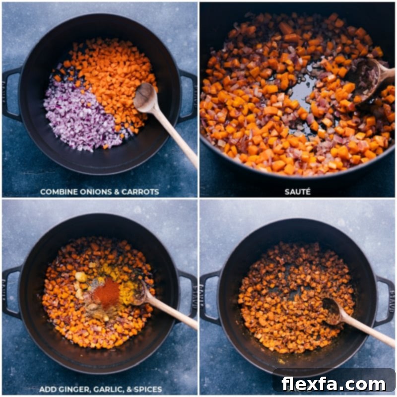 This delicious Quick Vegan Curry is packed with good flavors and nutritious ingredients from the red pepper and coconut curry sauce to the plethora of veggies! This curry can be ready in about 30 minutes or less and is sure to be a hit with the whole family! Recipe via ChelseasMessyApron #dinner #easy #simple #best #fresh #cleaneating #vegetarian #familyfriendly #kidfriendly #quick #vegan #curry Process shots of the quick Vegan Curry showing onions and carrots being sautéed, followed by the addition of ginger, garlic, and aromatic spices.