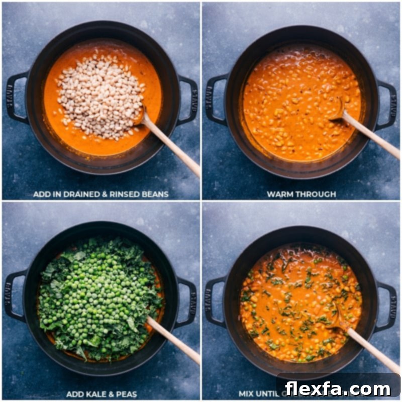 Our favorite Quick Vegan Curry is packed with good flavors and nutritious ingredients from the red pepper and coconut curry sauce to the plethora of veggies! This curry can be ready in about 30 minutes or less and is sure to be a hit with the whole family! Recipe via ChelseasMessyApron #dinner #easy #simple #best #fresh #cleaneating #vegetarian #familyfriendly #kidfriendly #quick #vegan #curry Process shots of the quick Vegan Curry showing navy beans being added, followed by the kale and frozen peas.