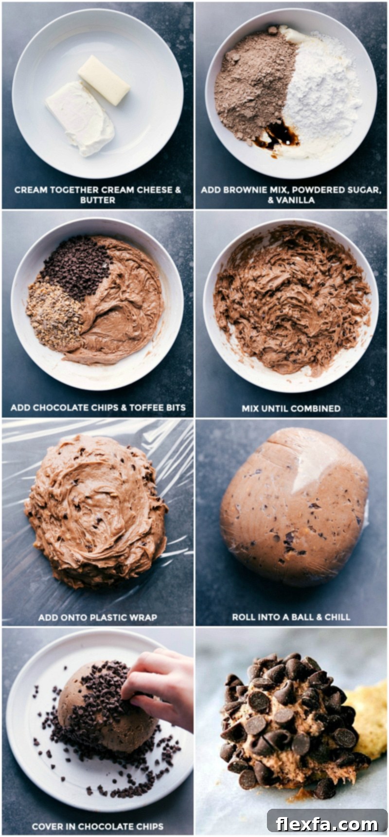 Cream together butter and cream cheese; add brownie mix, sugar, and vanilla and mix well; add chocolate chips and toffee bits; mix until combined; wrap in plastic; chill; cover in mini chocolate chips; ready to eat.