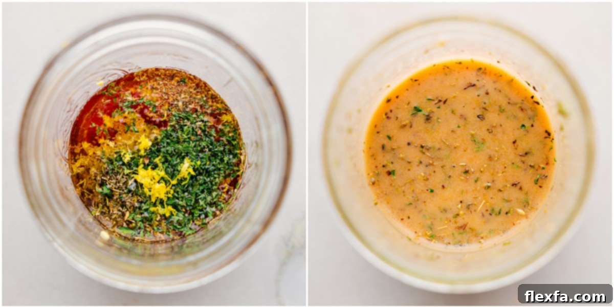 The Italian chicken marinade being mixed together in a mason jar, showcasing its vibrant color and emulsified texture.