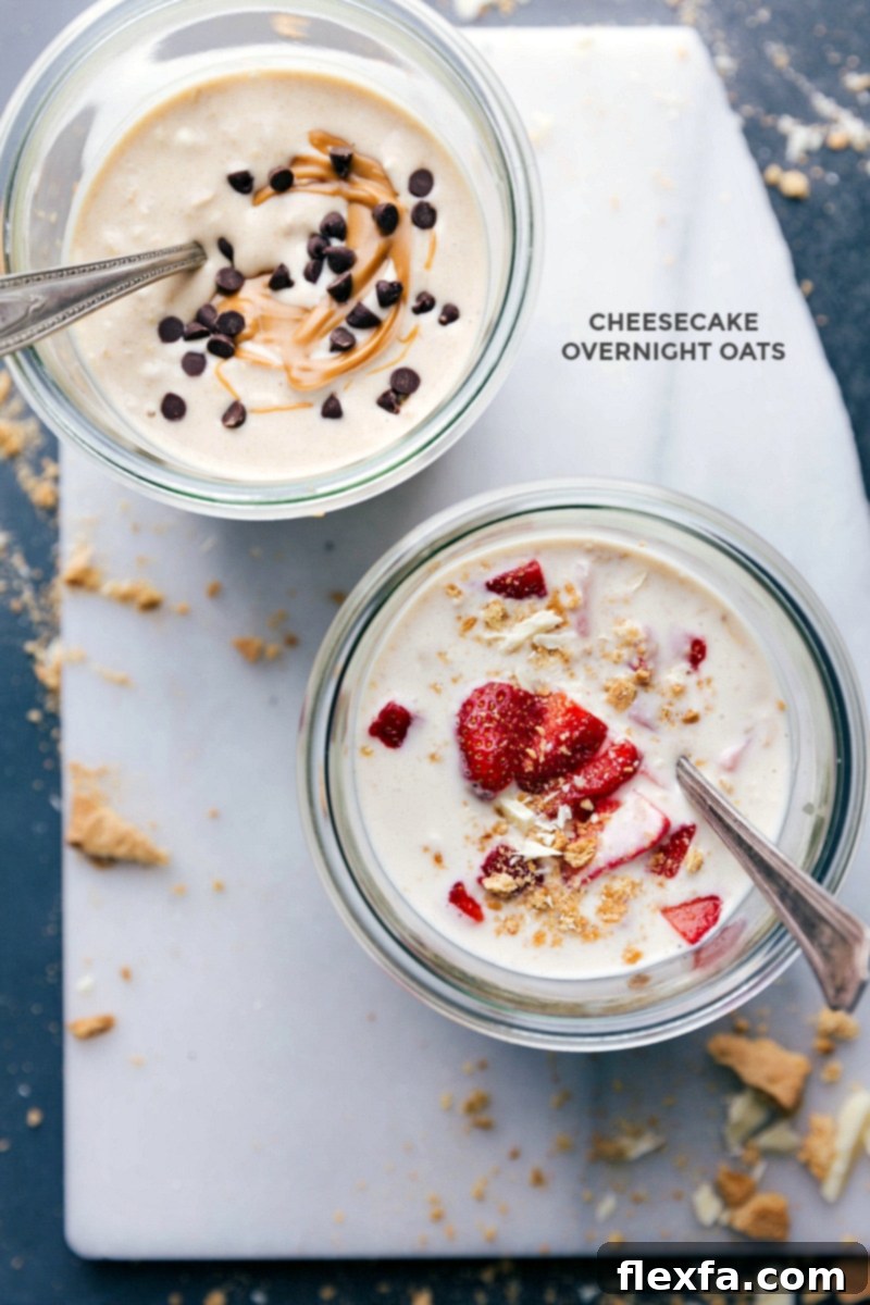 Two variations of healthy cheesecake overnight oats: one with peanut butter swirl and chocolate chips, and the other topped with fresh strawberries, ready for a delicious breakfast.