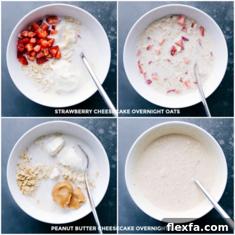 Ingredients for both peanut butter and strawberry cheesecake overnight oats variations being mixed in a bowl, showing the creamy texture before chilling.