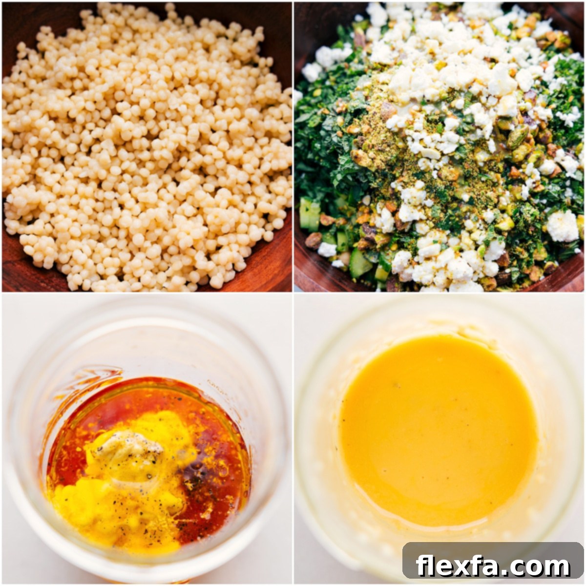 How To Make Jennifer Aniston Salad The process of making Jennifer Aniston Salad: layering couscous and other fresh ingredients into a large bowl, and mixing the homemade dressing in a mason jar.