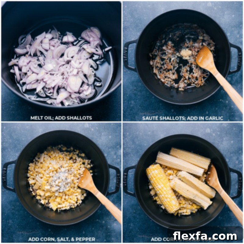 The process of preparing corn soup: sautéing shallots and garlic, adding corn kernels and cobs, and simmering to create a rich, homemade stock.