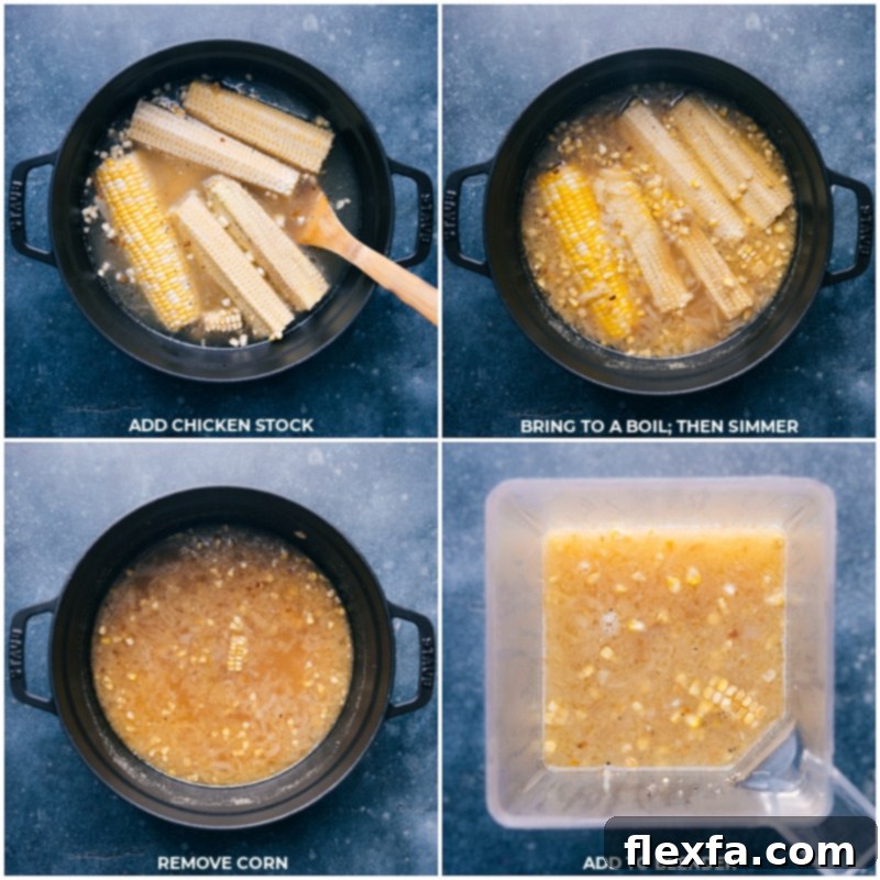 Steps for making corn soup: adding chicken stock, simmering with cobs, removing cobs, and blending until smooth.