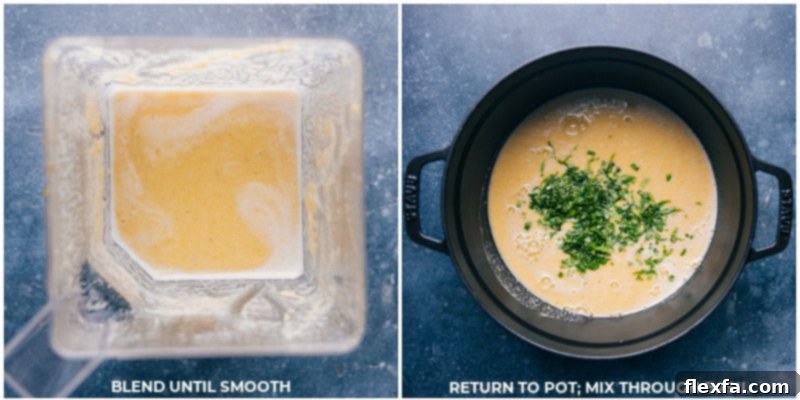 The final steps of making corn soup: blending until smooth, returning to the pot, and stirring in fresh basil.