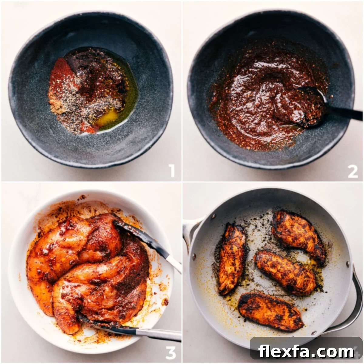 Step-by-step guide on how to make blackened chicken: mixing seasonings, rubbing on chicken, and cooking in a pot for a blackened crust.