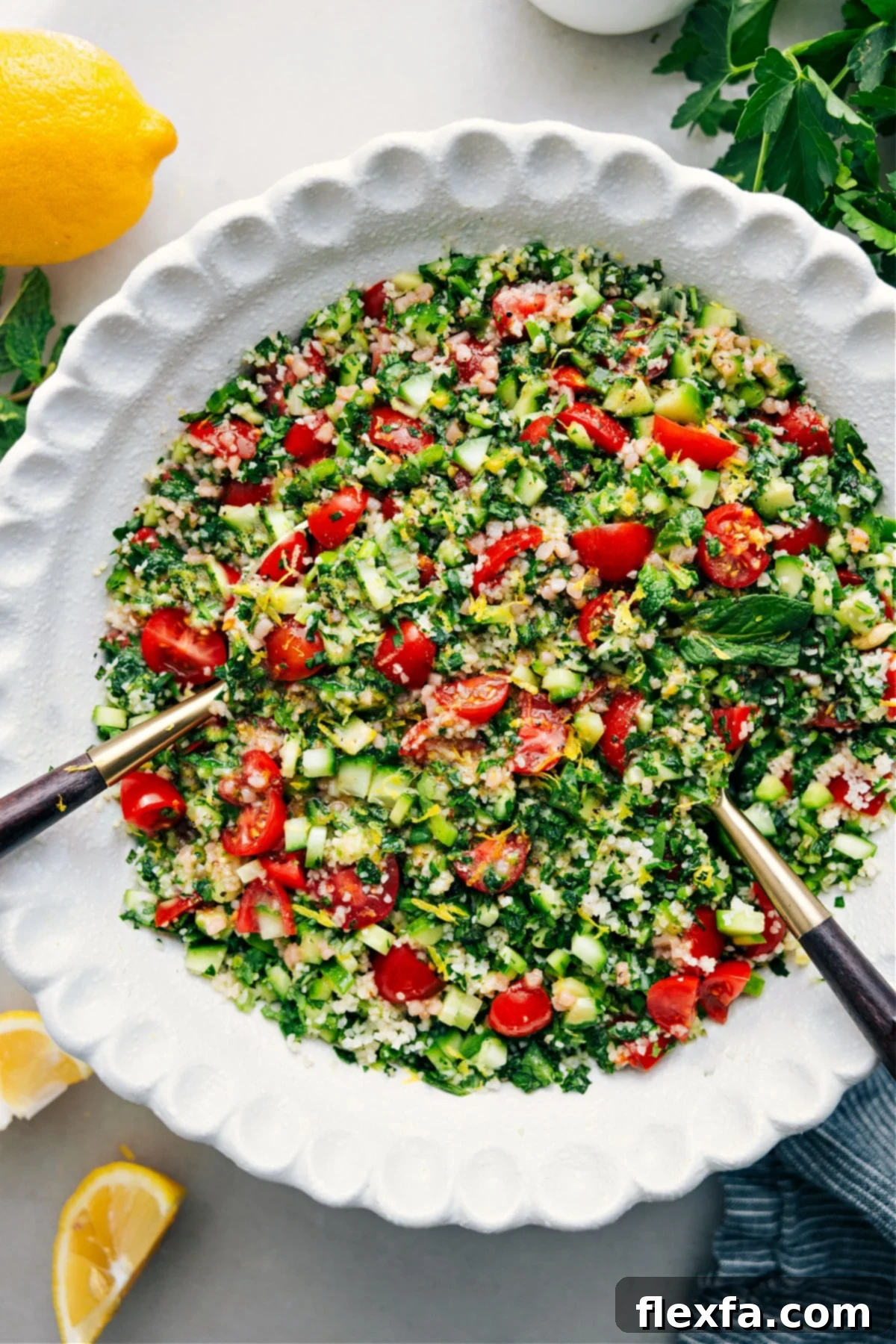 The Best Tabouli Recipe A beautifully presented bowl of fresh Tabouli, perfectly tossed with its dressing and ready to be enjoyed.