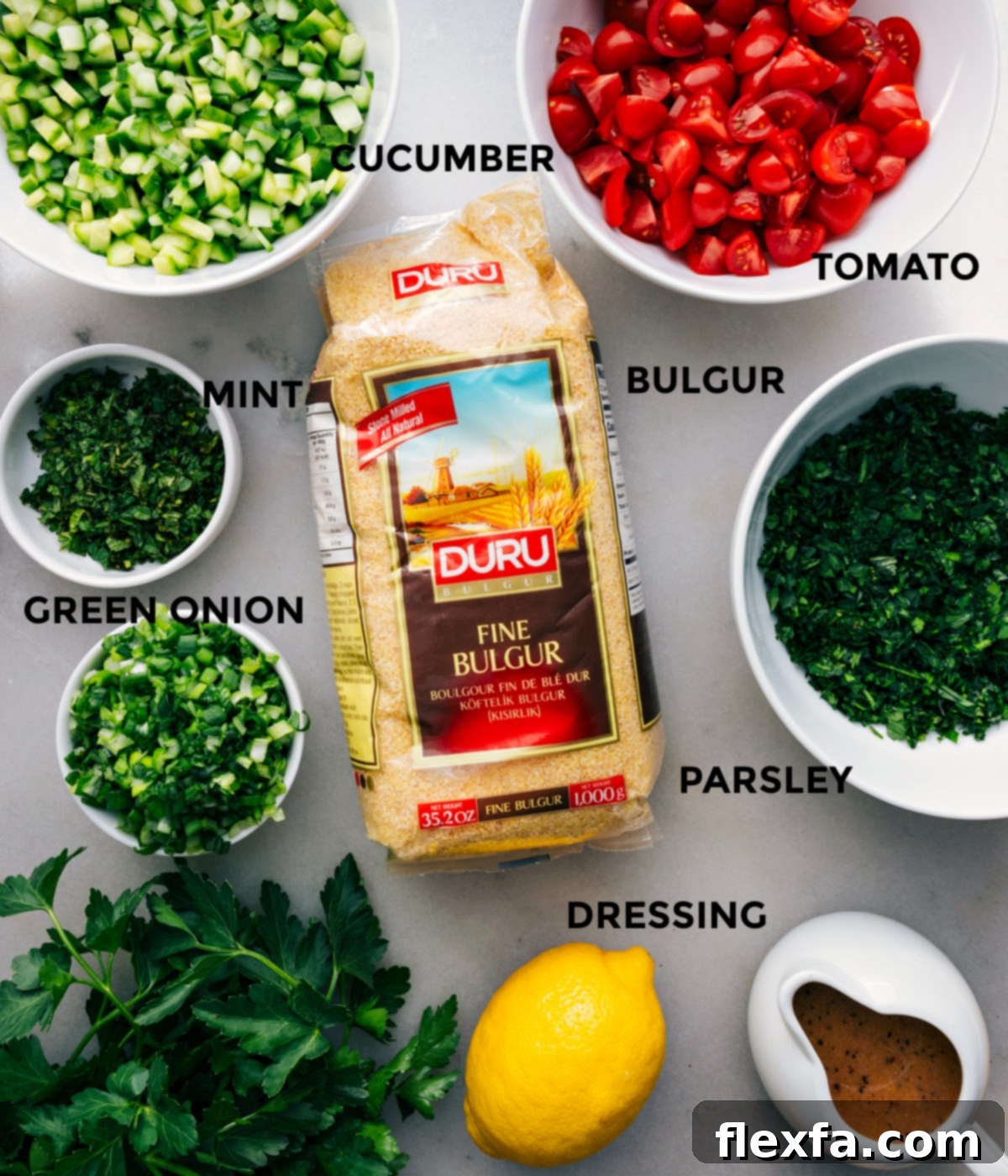 Ingredients In Tabouli Recipe A vibrant flat lay of all the fresh ingredients, meticulously prepped and ready for assembly: diced tomatoes, chopped fresh herbs, crisp cucumber, soaked bulgur, and a rich lemon dressing.