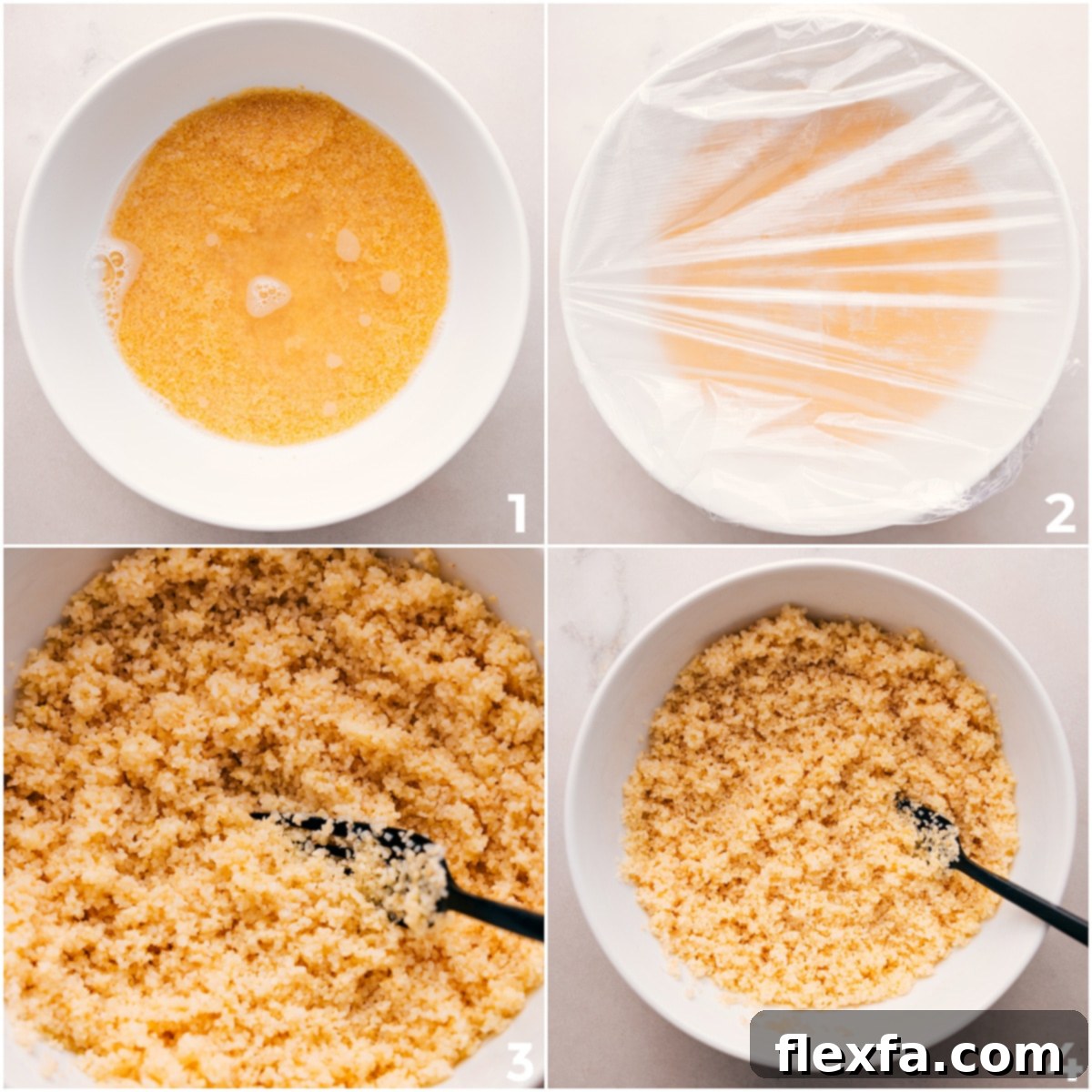 How To Make Bulgur A close-up of bulgur wheat being prepared by adding it to boiling water, then left to sit, and finally fluffed with a fork to achieve the perfect texture for this Tabouli recipe.