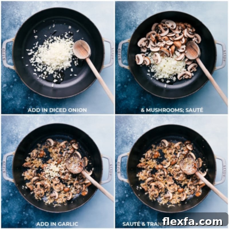 Process shots showing sautéed onions, mushrooms, and garlic for Chicken Gnocchi Pasta