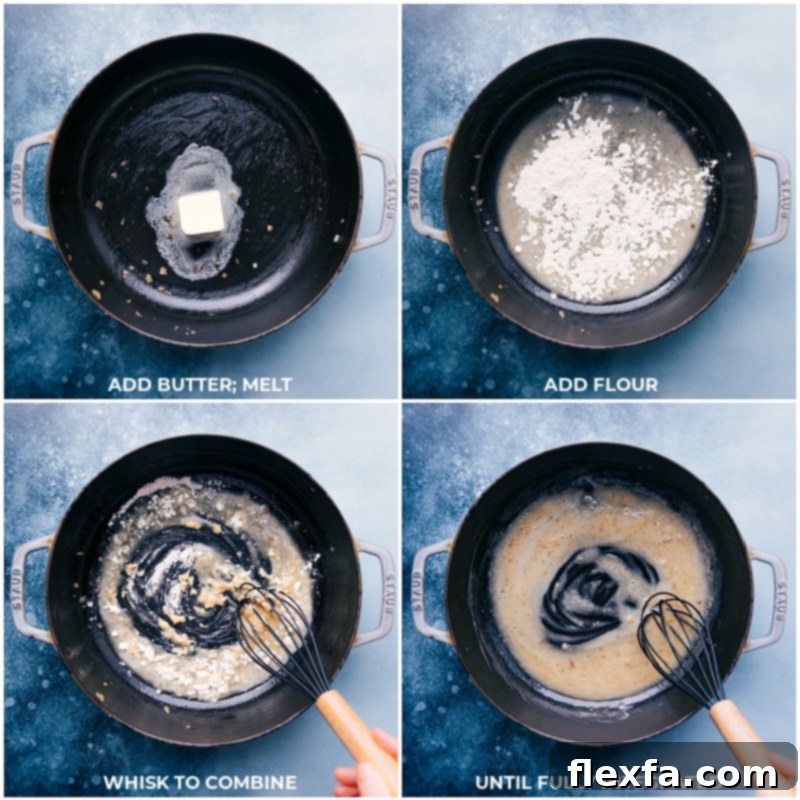 Process shots showing the creation of a roux for creamy Chicken Gnocchi Pasta