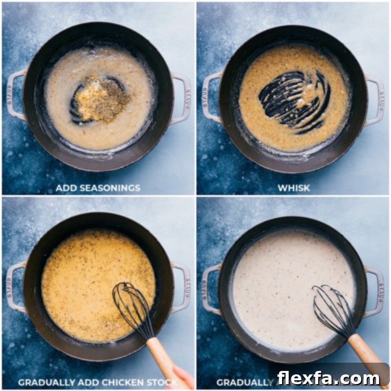 Process shots showing the creation of the creamy sauce for Chicken Gnocchi Pasta