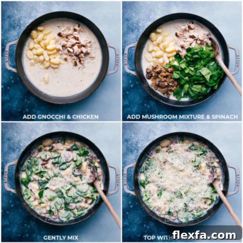 Process shots showing gnocchi and chicken being added to the creamy sauce
