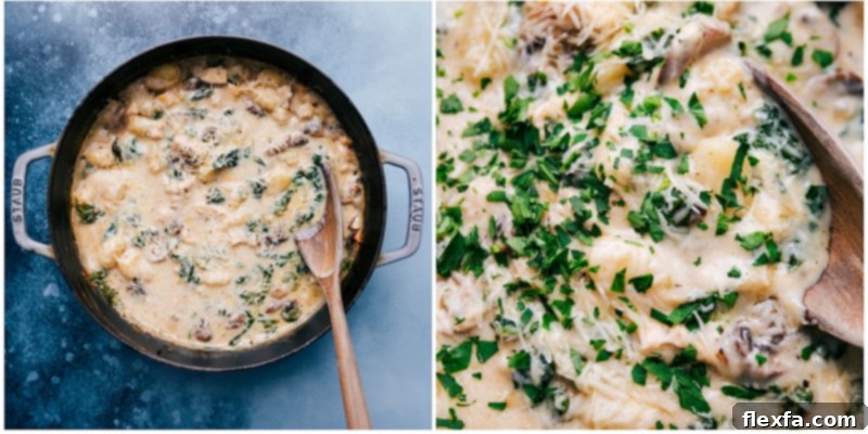 Process shots showing the finished Chicken Gnocchi Pasta dish