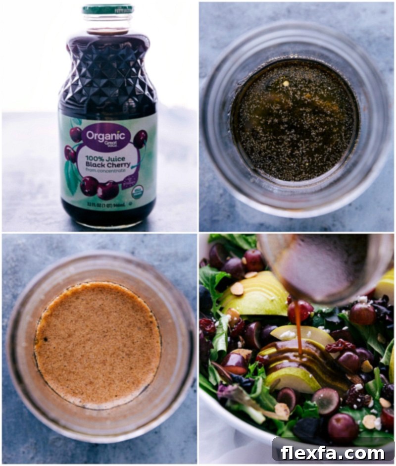 Preparing homemade cherry balsamic vinaigrette salad dressing, with fresh ingredients, and drizzling it over a vibrant green salad.