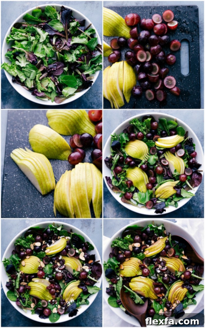 Expertly chopping fresh red grapes and ripe pears, then artfully arranging them over a bed of crisp, vibrant mixed greens to create a fresh fruit green salad.