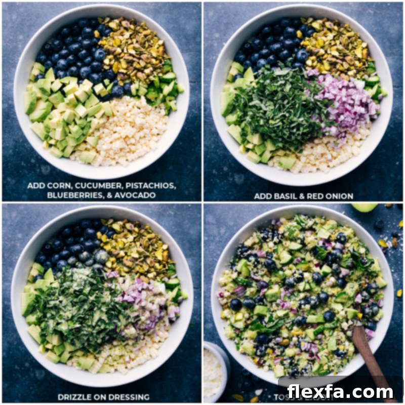 This Blueberry Corn Salad is unbeatable! Crisp corn, sweet blueberries, creamy avocado, crunchy pistachios, salty feta, and our favorite lemon-basil vinaigrette combine to create an unforgettable meal! Recipe via chelseasmessyapron #dinner #quick #easy #simple #lunch #best #familyfriendly #kidfriendly #blueberry #corn #salad Process shots showing the vibrant ingredients of the Blueberry Corn Salad – corn, cucumbers, pistachios, blueberries, avocado, basil, and red onion – being added to a large mixing bowl, ready for tossing.