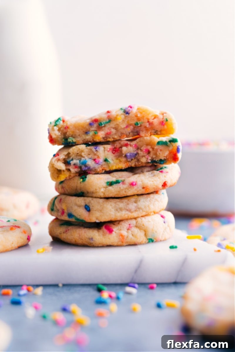 A beautifully arranged stack of freshly baked Funfetti Cookies with visible sprinkles
