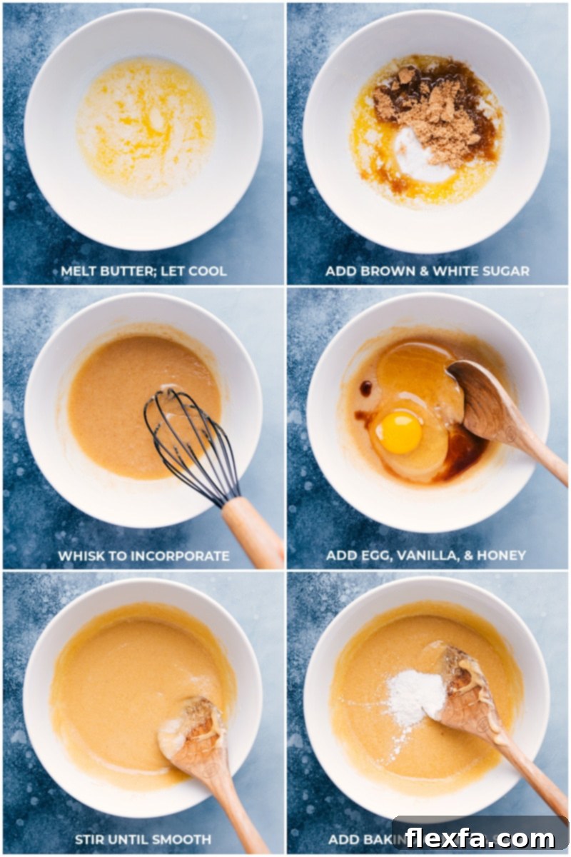 Process shots showing butter melting, sugars being mixed, and wet ingredients combined for Funfetti Cookies