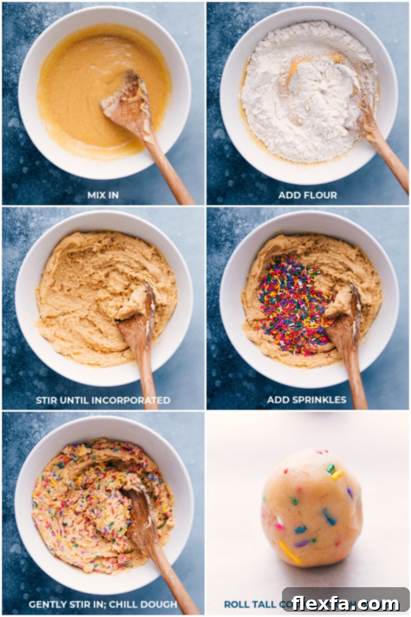 Process shots showing flour and sprinkles being gently folded into the Funfetti cookie dough