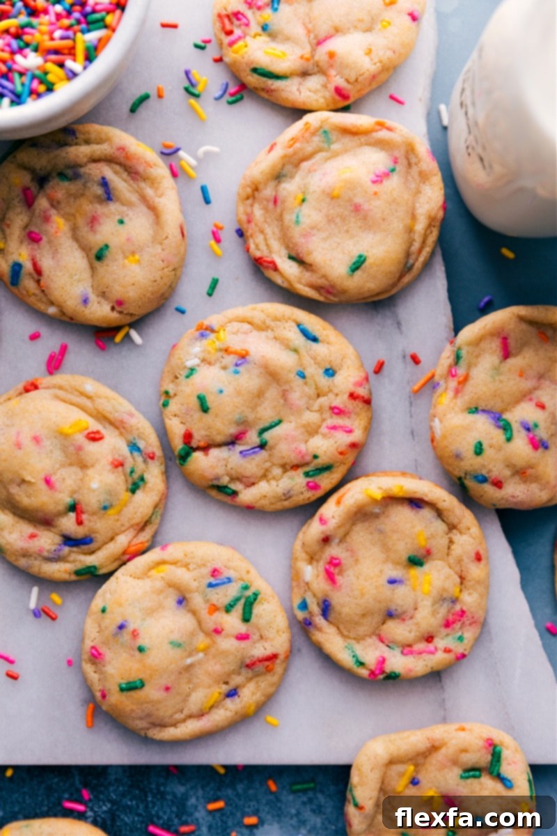A baking sheet filled with perfectly baked, golden-edged Funfetti Cookies cooling down