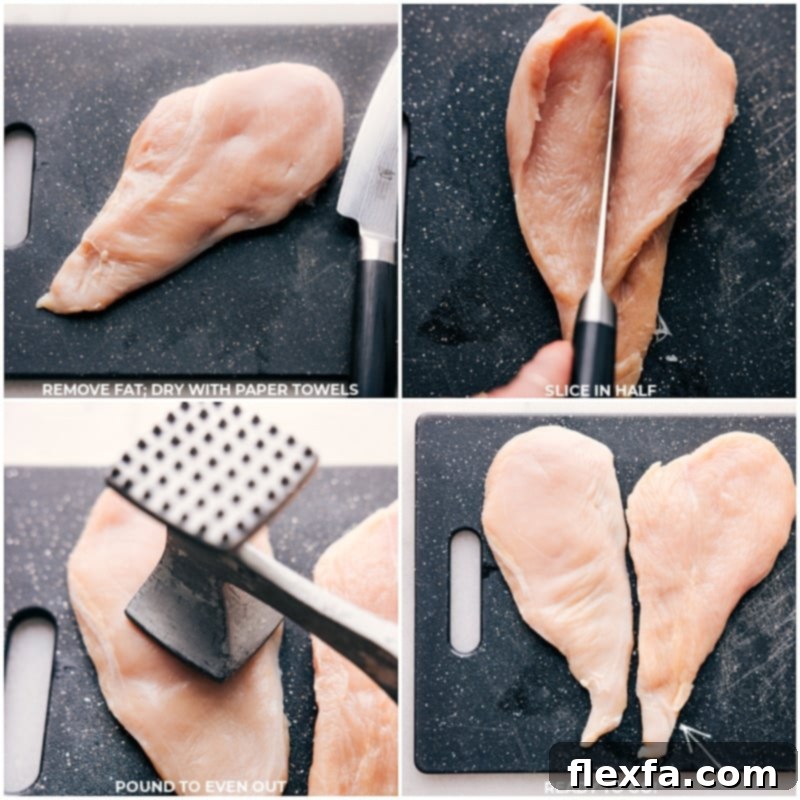 Process shots showing raw chicken being prepped and marinated