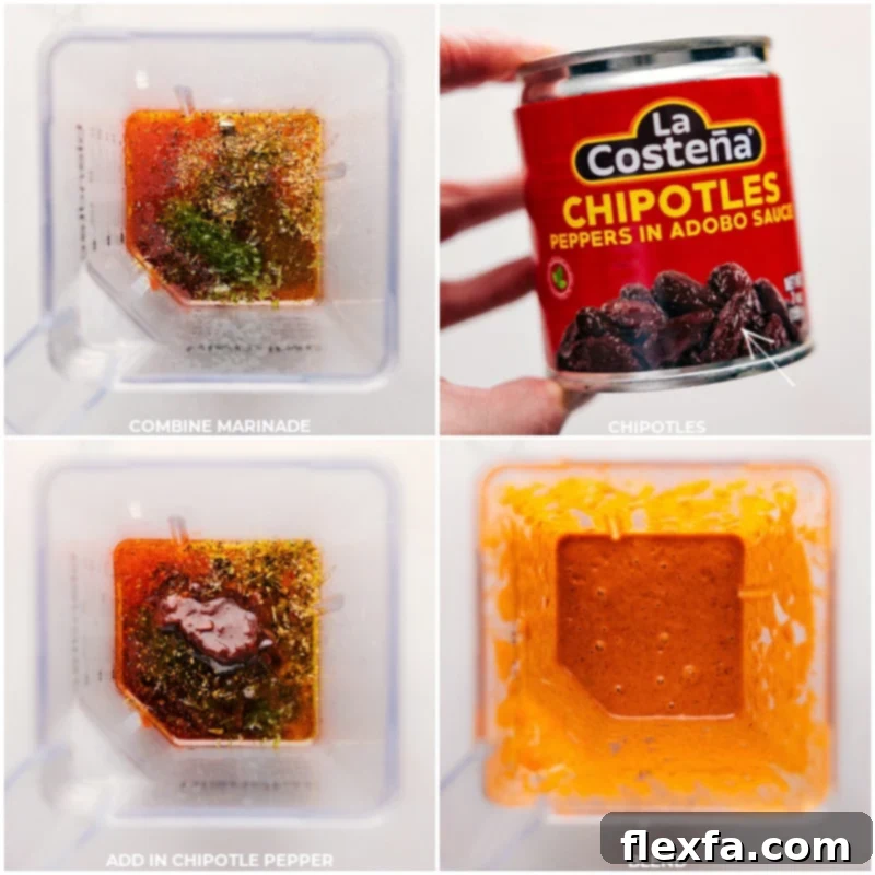 Process shots of Chipotle Chicken Marinade-- images of all the marinade ingredients being added to a blender and it all being blended together