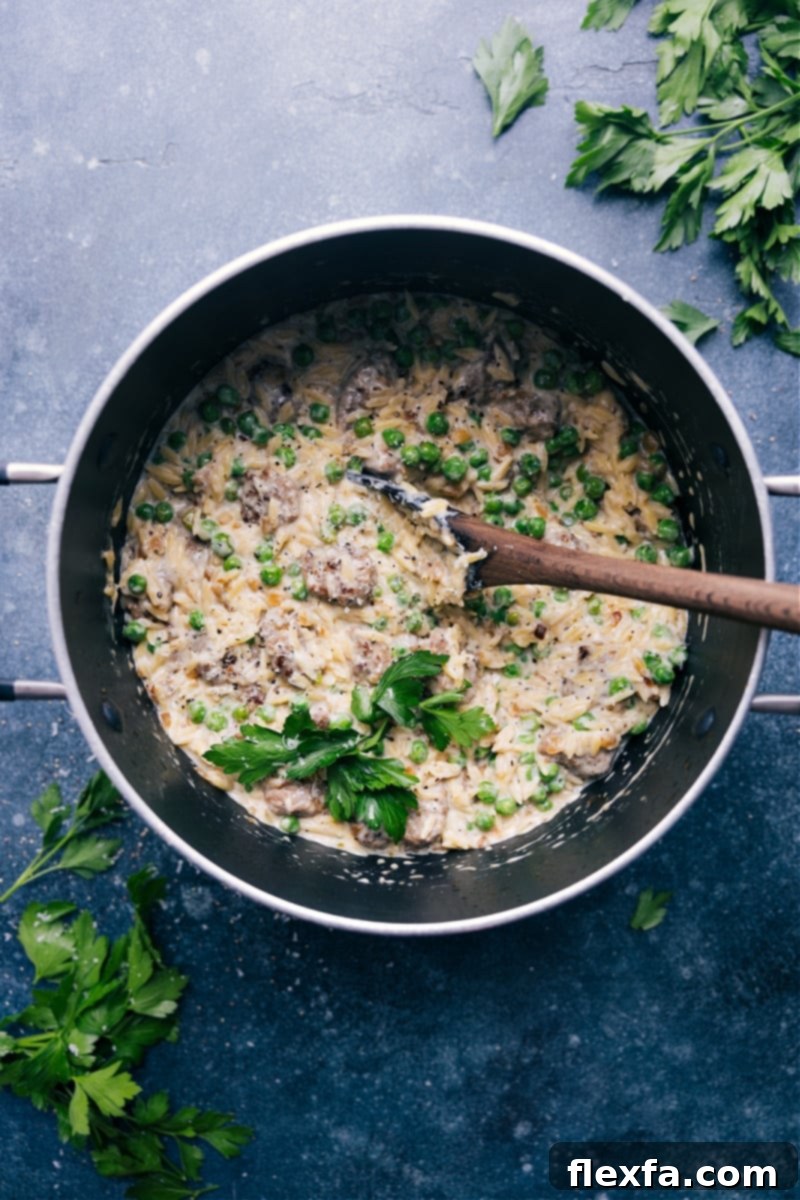 Overhead image of the creamy Meatballs and Orzo, garnished with fresh parsley.
