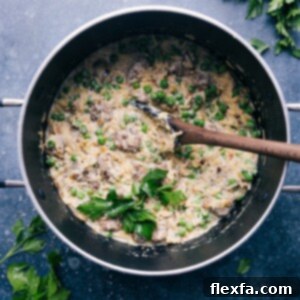 Creamy Meatballs and Orzo in a serving bowl.