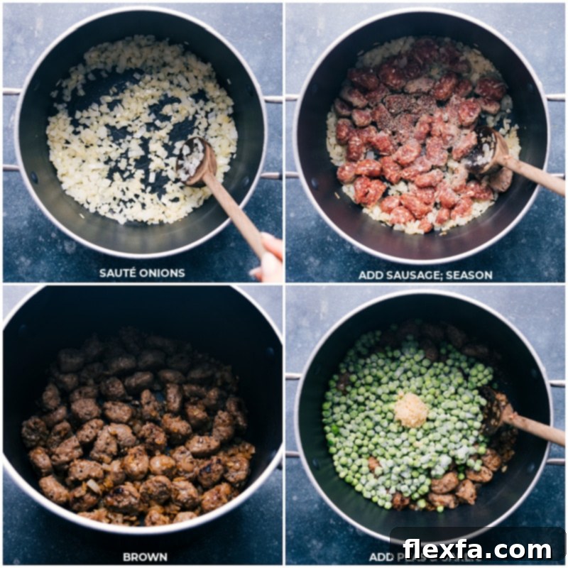 Process shots of cooking the onions, Italian sausage, peas, and garlic for the Meatballs and Orzo dish.