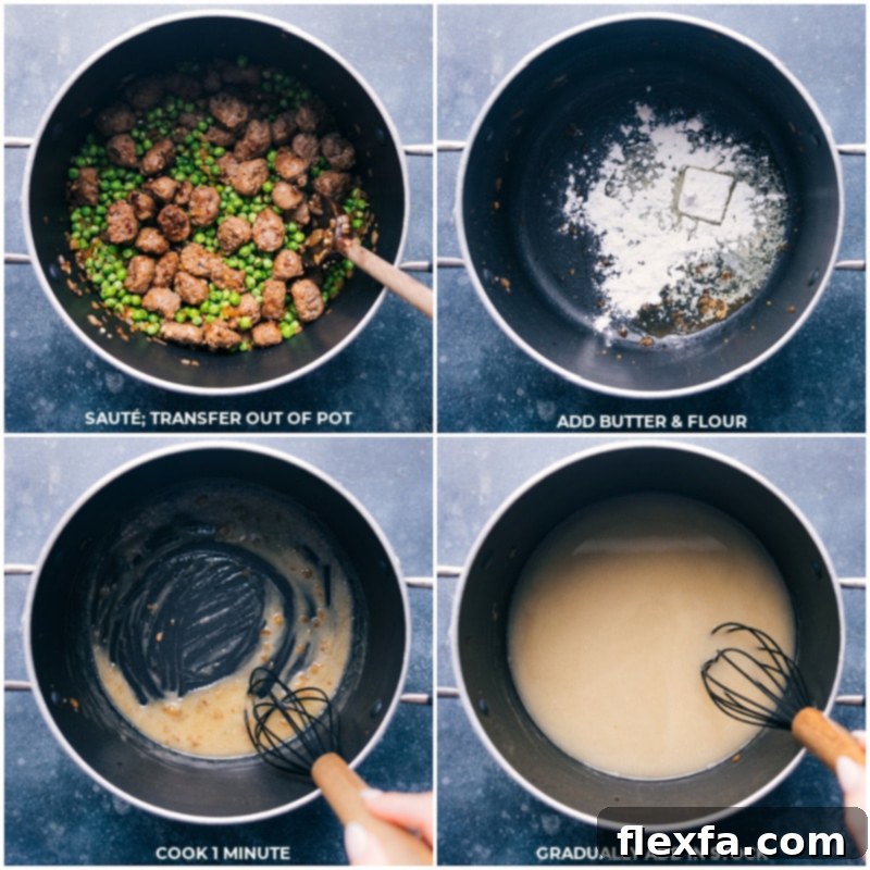 Process shots showing the creation of the creamy sauce base for the Meatballs and Orzo.