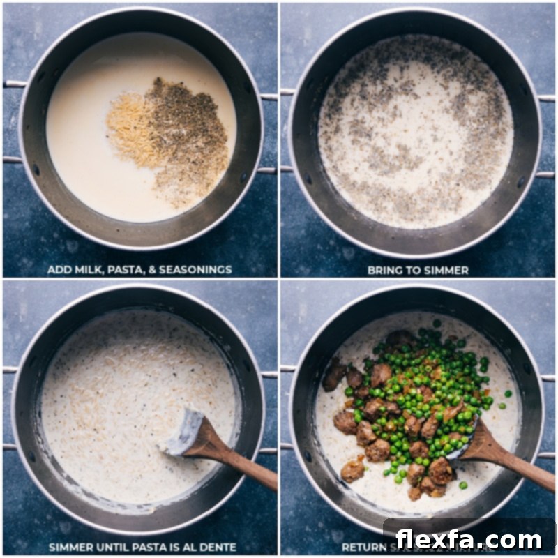 Process shots showing milk, orzo pasta, seasonings, and cooked sausage being added to the pot for the creamy orzo dish.