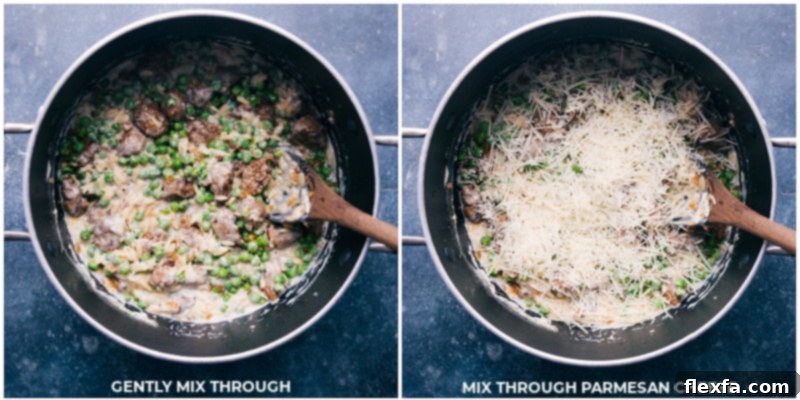 Finished creamy meatballs and orzo in a pot, ready to be served.