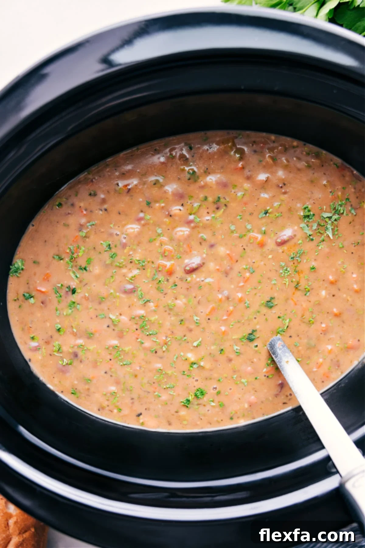 Hearty 15-Bean Soup, simmered to perfection in a crockpot, ready to warm your soul.