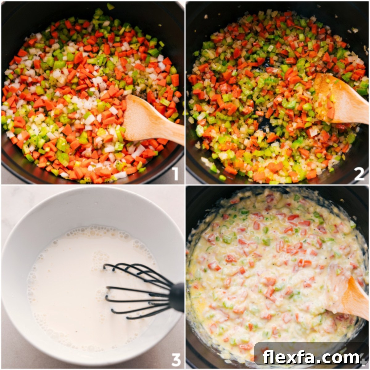 The cooking process for 15-Bean Soup: fresh veggies sautéing in one pot, while the creamy sauce is whisked in another, then combined for a rich, flavorful soup.