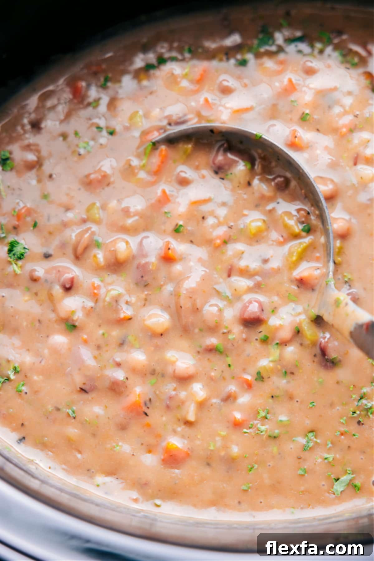 A ladle scoops up a generous portion of creamy 15-Bean Soup, garnished with fresh parsley, ready to be enjoyed.