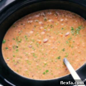 A bowl of creamy 15-Bean Soup, garnished with fresh herbs, ready to be served.