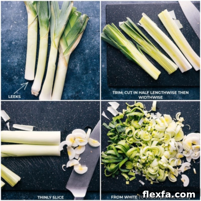 Process shots showing fresh leeks being cleaned and chopped, ready for cooking into soup.