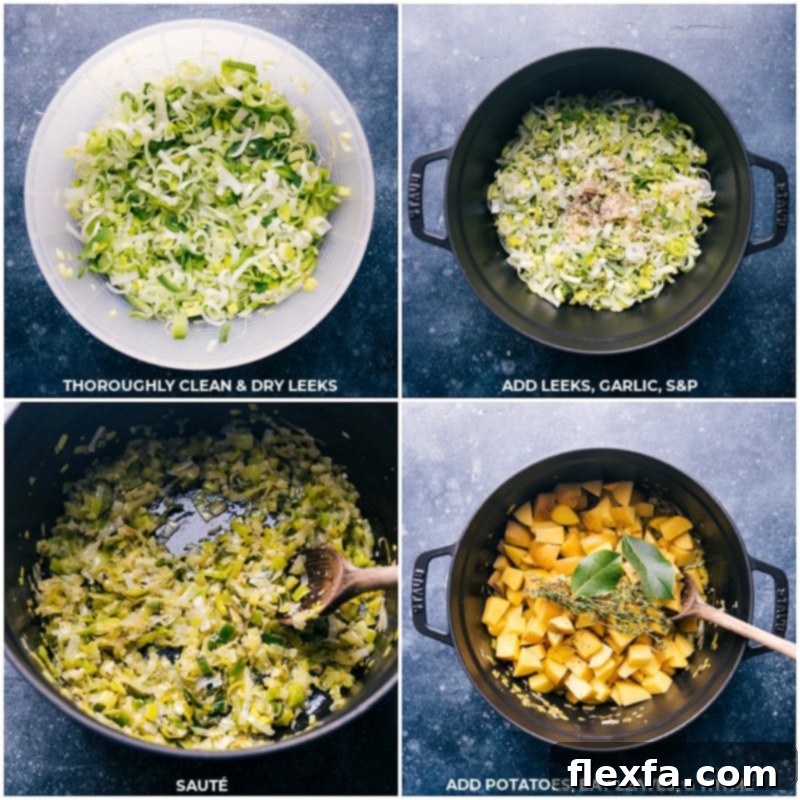 Process shots of Potato Leek Soup showing leeks being washed and cooked, then potatoes, bay leaves, and thyme being added to the pot.