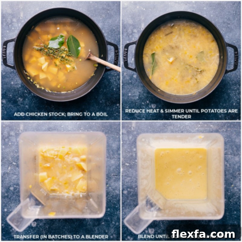 Process shots of the potato leek soup being cooked and then blended to a smooth, creamy consistency.
