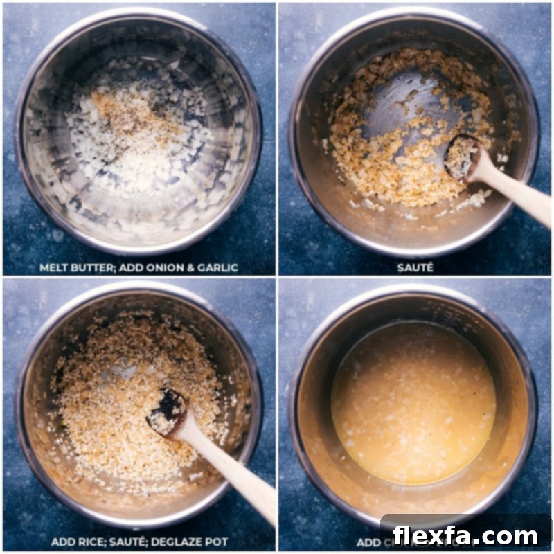 Step-by-step preparation for Instant Pot Risotto Sequential process photos showing ingredients being added to an Instant Pot: melted butter, onion and garlic sautéing, arborio rice being added, and finally chicken broth poured in.