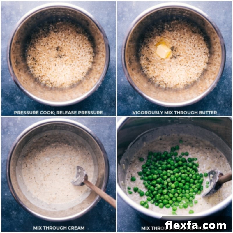 Mixing in the finishing touches for creamy Instant Pot Risotto Process shots demonstrating the final stages of Instant Pot Risotto: cooking in the Instant Pot, then mixing in butter, heavy cream, and frozen peas.