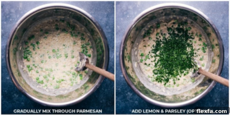 Adding Parmesan cheese and fresh herbs to Instant Pot Risotto Process shots showing the final steps: mixing in Parmesan cheese, then adding fresh lemon zest and chopped parsley for garnish.