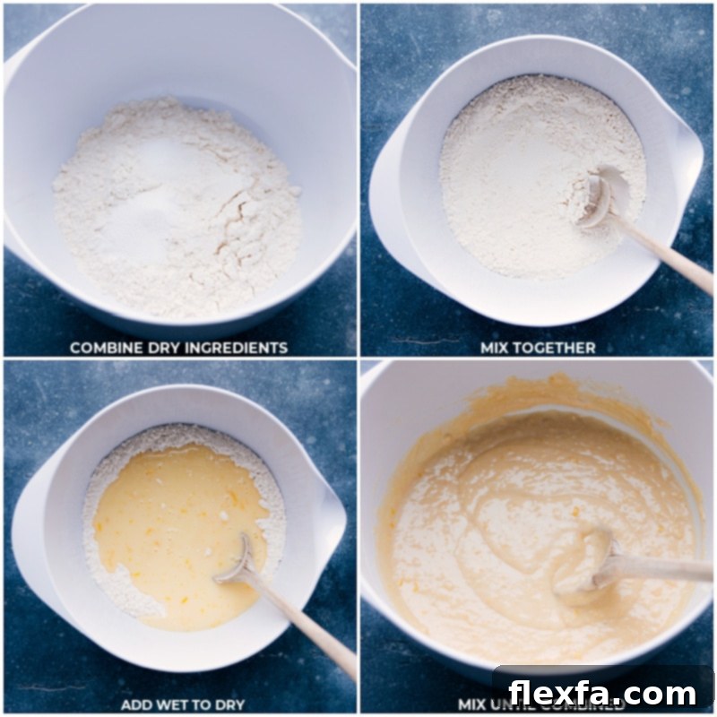 Mixing Dry and Wet Ingredients - Combining Flavors The process of combining dry and wet ingredients in separate bowls before gently mixing them together to form a cohesive batter, ensuring even distribution of flavors.