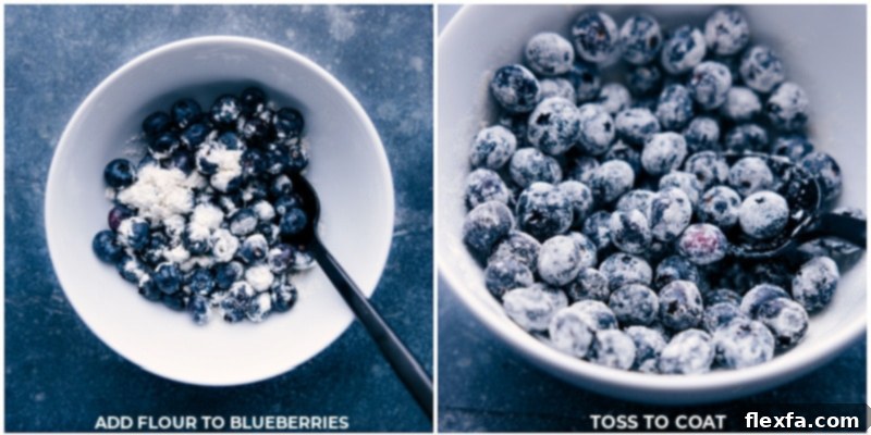 Coating Blueberries with Flour - Perfect Texture Blueberries being tossed with flour in a bowl, a technique used to prevent them from sinking to the bottom of the bread during baking, ensuring even distribution.