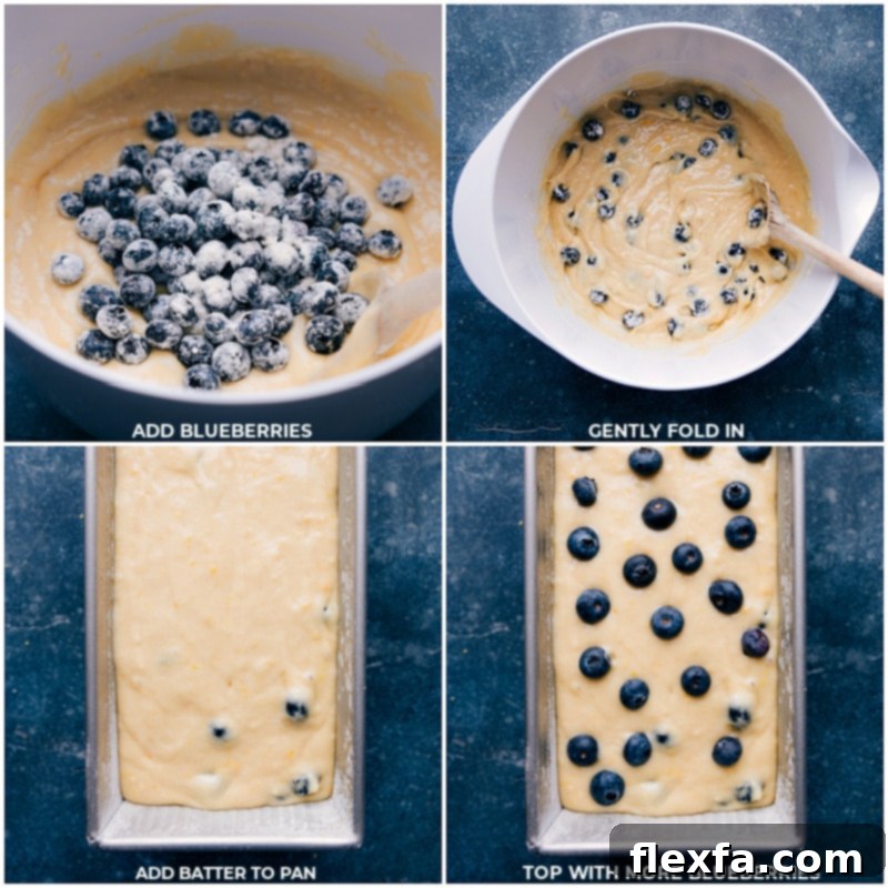 Blueberry Bread Preparation - Bursting with Flavor Adding fresh blueberries to the bread batter and gently folding them in, followed by pouring the batter into the pan and topping with additional blueberries for a vibrant finish.