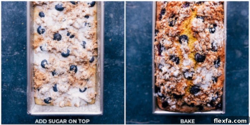 Baking Blueberry Lemon Bread - Irresistible Golden Brown The final step of baking, showing a golden brown blueberry lemon bread fresh out of the oven, topped with a delicious sugar crust.