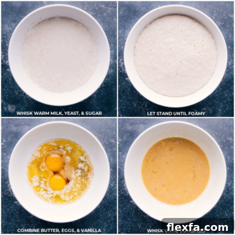 Process shots: Whisking milk, yeast, and sugar; letting it stand; combining butter, eggs, and vanilla in a separate bowl.