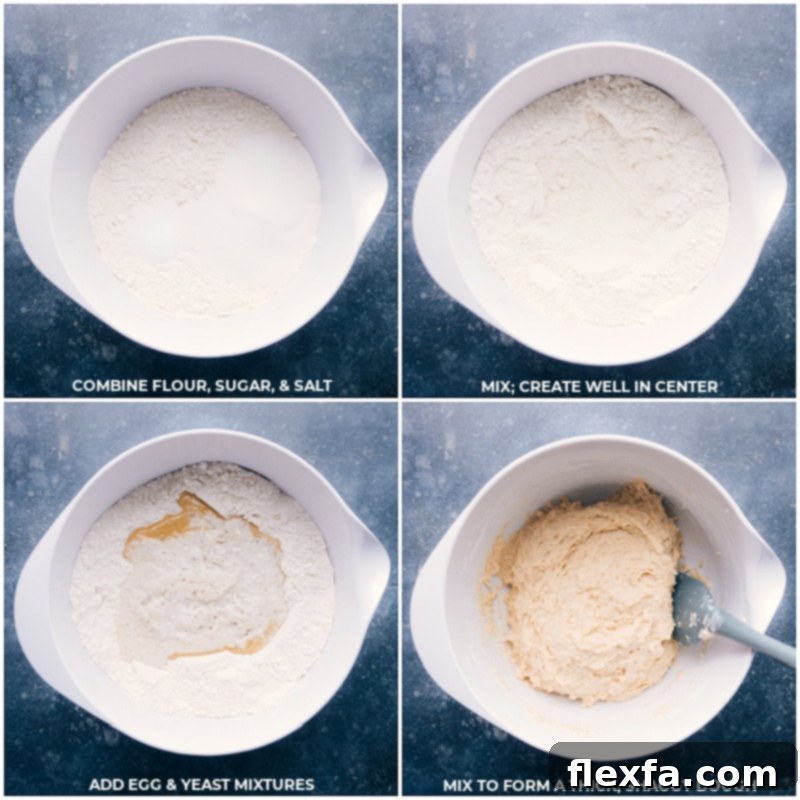 Process shots: Combining flour, sugar, and salt; creating a well; adding wet mixtures; mixing to form a thick, shaggy dough for no-knead cinnamon rolls.